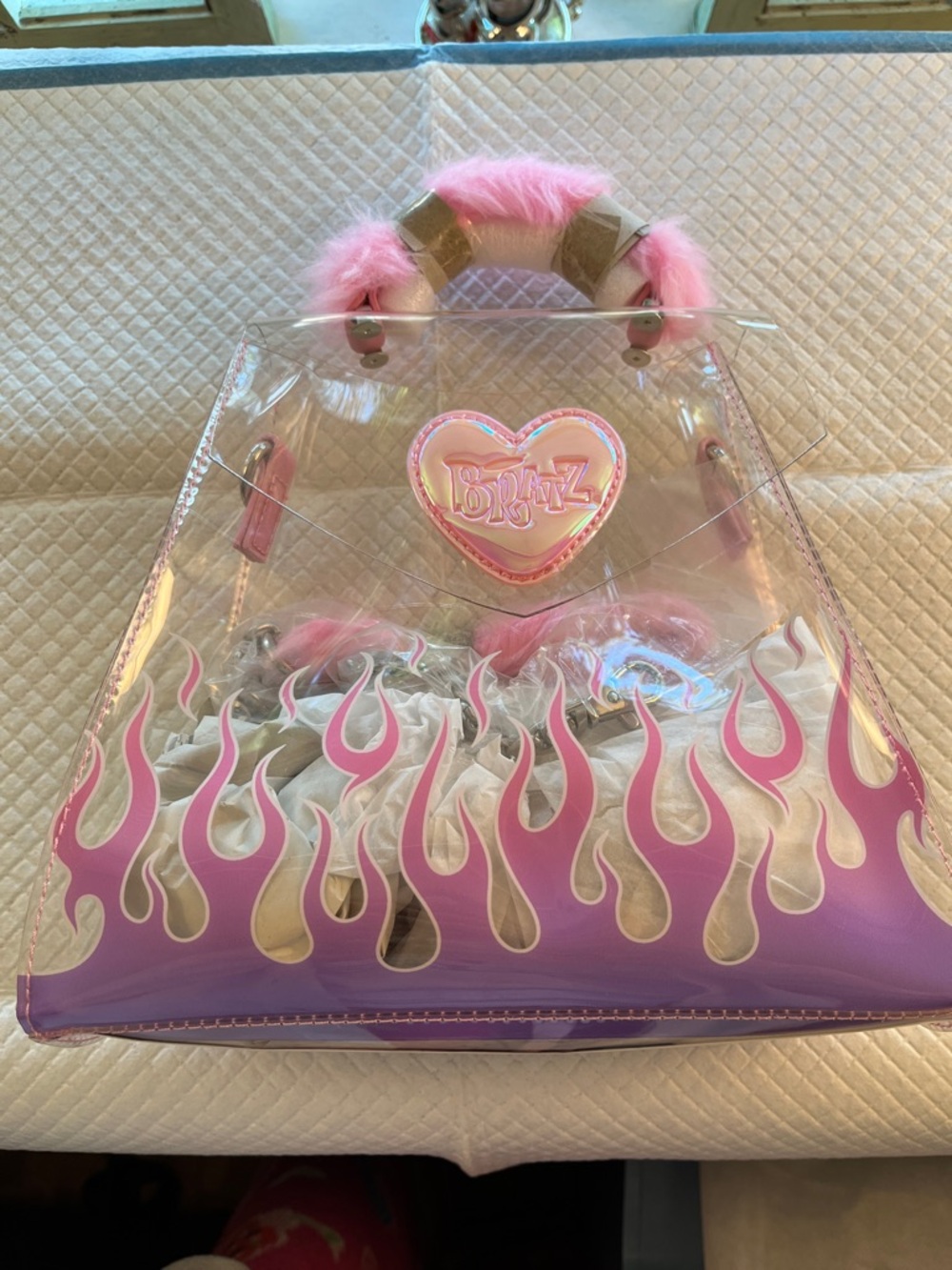💕🎀💕🎀💕🎀💕Dolls Kill BRATZ Clear Tote with Pink Faux-Fur Handle and Flame Trim